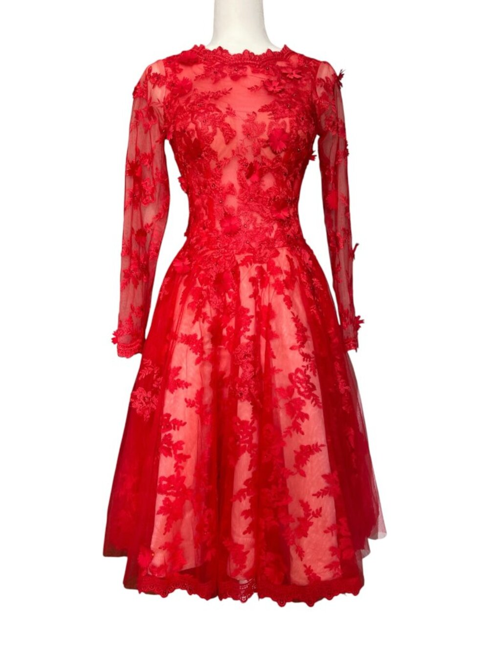 Elegant Red Lace Prom Dress A Line Knee Length Appliques Size Small - Picture 2 of 16